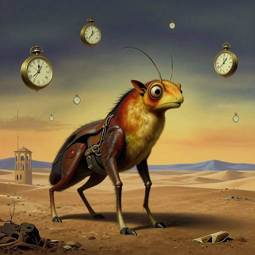 Digital artwork of a hybrid creature with insect wings, antennae, and a clockwork exoskeleton, standing in a desert with floating clocks and a