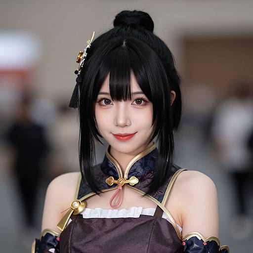 Photograph of an Asian woman with black hair in a bun, wearing a black and gold traditional Chinese dress, smiling subtly, with blurred background and soft