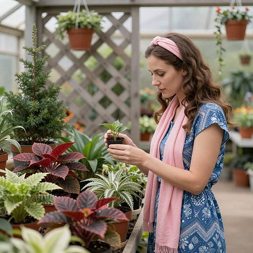 Woman Enjoying a Colorful Greenhouse Scene