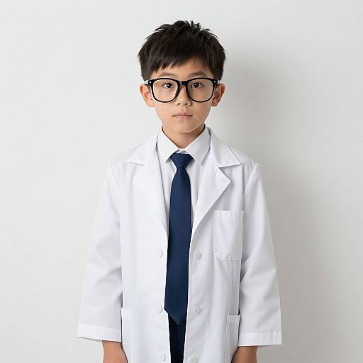 Photograph of an Asian boy with short black hair, wearing black-framed glasses, white lab coat, and black tie, standing against a plain white