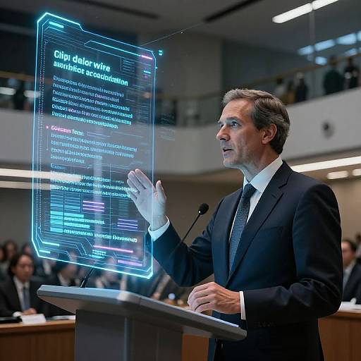 Photograph of a suited middle-aged man, with short gray hair, gesturing at a holographic blue screen displaying 