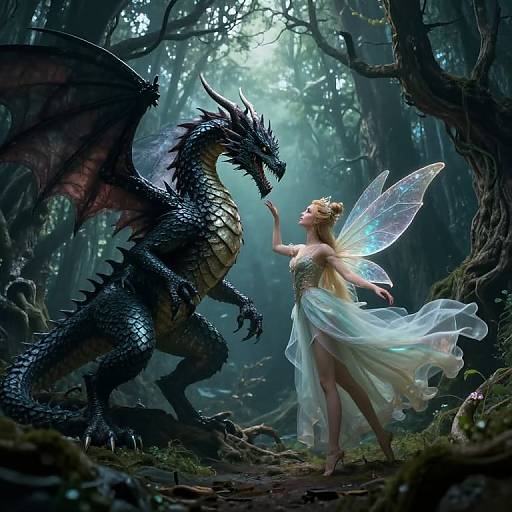 Digital fantasy artwork: A fairy with translucent wings and a flowing white dress confronts a black, menacing dragon in a mystical forest.