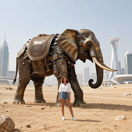 Photograph of a young woman in a white shirt and denim shorts standing in front of a heavily adorned, metallic elephant sculpture in a desert cityscape with