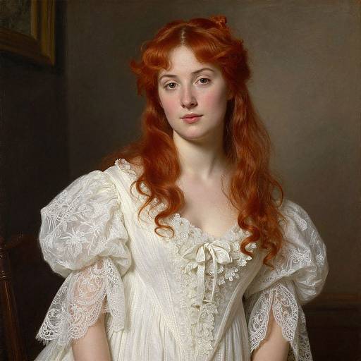 Photorealistic painting of a fair-skinned, red-haired woman with long curls, wearing a white, lace-trimmed, Victorian-style dress,