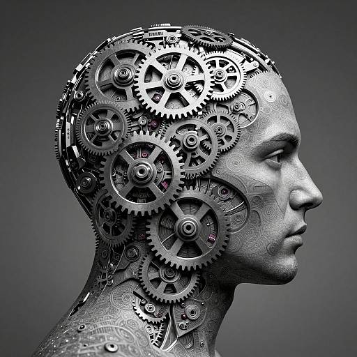 Digital artwork of a silver human head profile with intricate gears and cogs replacing the brain, set against a dark gray gradient background.