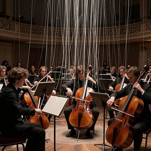 Photograph of a string quartet performing on a wooden stage, surrounded by vertical white strings, in a grand concert hall. Musicians in black t