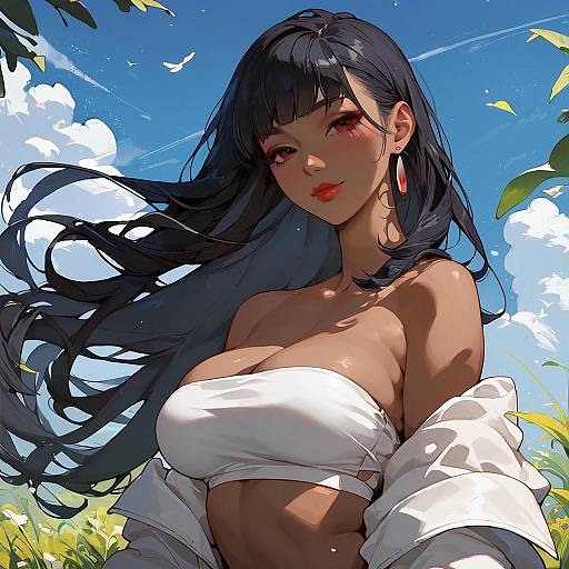 Anime Style Woman with Black Hair and Blue Sky Background