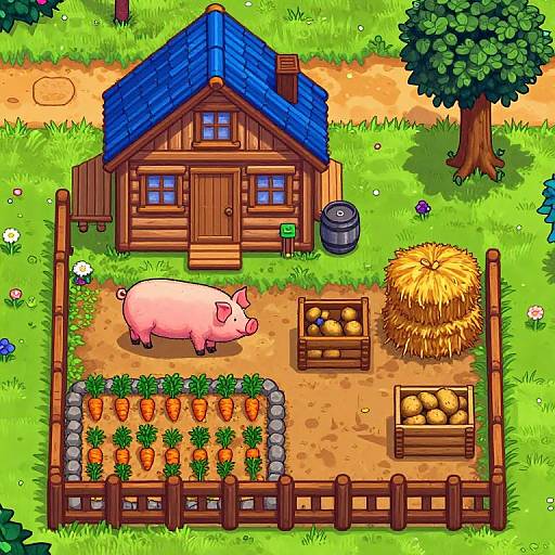 Colorful digital illustration of a wooden farmhouse with blue roof, pig, carrot garden, fruit boxes, hay bale, and barrel in a grassy