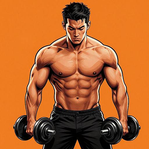 Muscular Asian man with short black hair, shirtless, holding dumbbells, black pants, intense expression, bright orange background, digital comic art