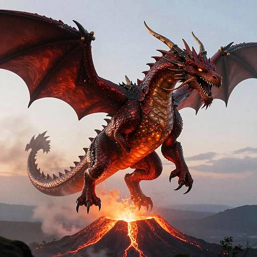 Epic Berserk Red Dragon Above Volcano