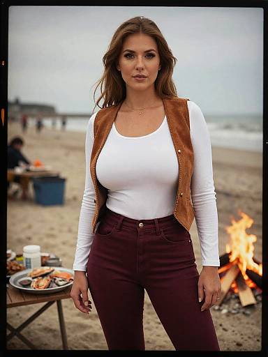 Photograph of a confident, brown-haired woman with fair skin, wearing a white tank top, brown vest, and dark pants, standing in front of