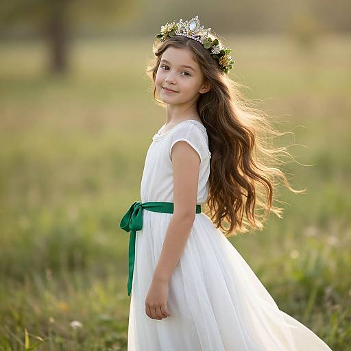 Photograph of a young girl with long brown hair, wearing a white dress with green ribbon, floral crown, smiling, standing in a sunlit grass