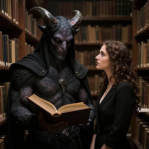 Photograph-like CGI of a muscular, dark-skinned demon with horns reading a book to a curly-haired woman in a black blouse in a dimly