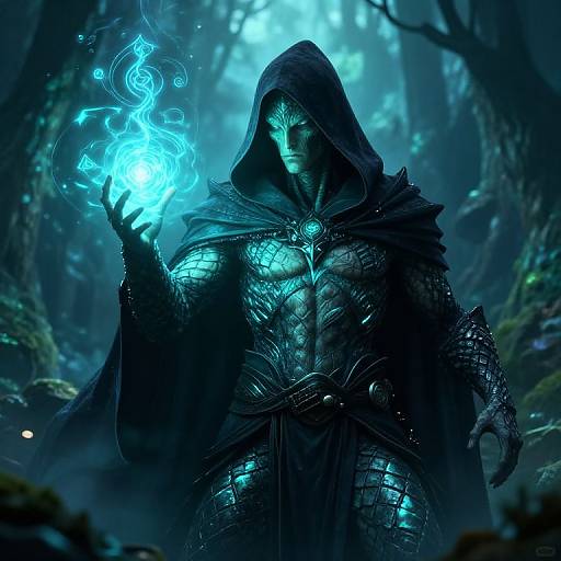 Mysterious, armored figure with glowing blue eyes and intricate dark armor holds a blue, ethereal fire in a mystical forest. Digital artwork.