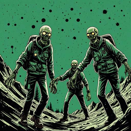 Zombie Hikers in Surreal Space Landscape