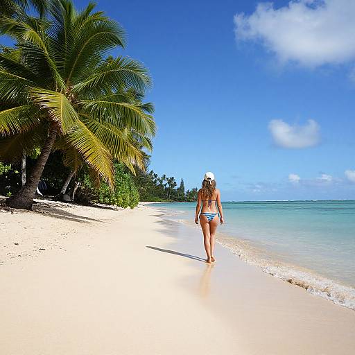Photograph of a woman in a blue bikini and white hat walking on a sunny, palm-tree-lined tropical beach with clear blue water and white sand.
