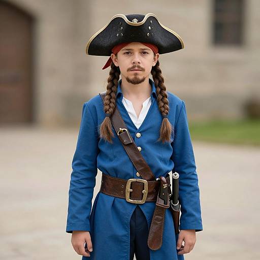 Photograph of a young man with braided hair, wearing a black tricorn hat, blue military-style coat, brown belt, and strap, standing