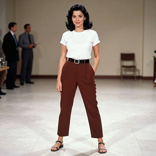 Photograph of a confident woman with dark, wavy hair, wearing a white t-shirt, brown high-waisted pants, black belt, and
