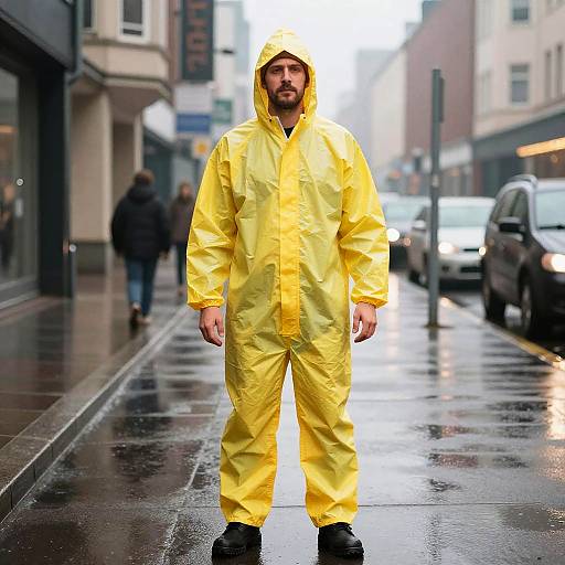 Man in Yellow Rain Suit Standing on Wet Street