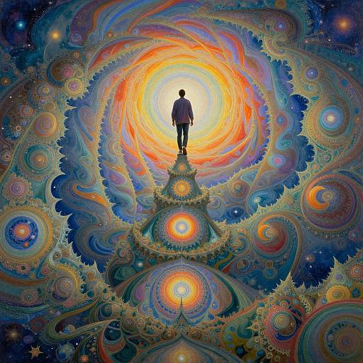 Silhouetted figure standing on a pyramid of glowing orbs, surrounded by vibrant, swirling, colorful cosmic patterns with intricate details. Digital art.