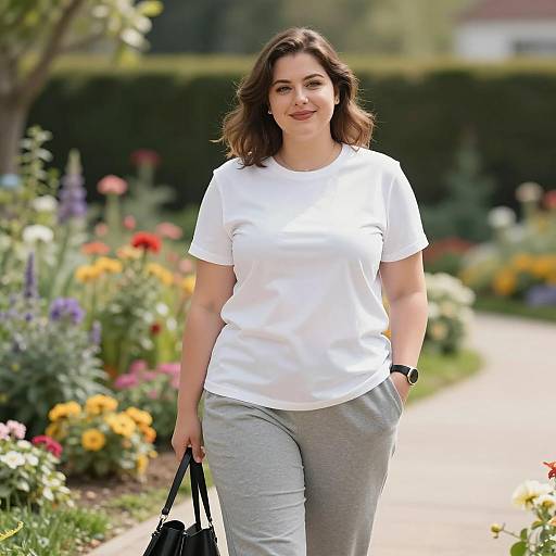 Smiling Woman in Casual Outfit in Garden
