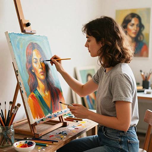 Photograph: Curly-haired woman in gray shirt painting vibrant portrait on canvas, holding brush, surrounded by paintbrushes, palette, and other artworks
