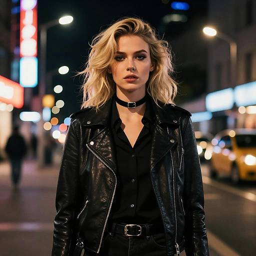 Photograph of a blonde woman with wavy hair, wearing a black leather jacket and choker, standing on a neon-lit city street at night