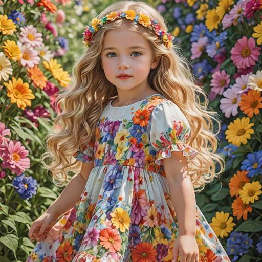 Little Girl in Floral Dress with Flower Crown