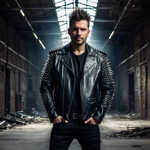 Man wearing spiked leather jacket in industrial warehouse
