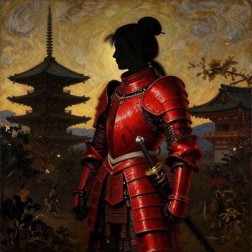 Silhouetted samurai in shiny red armor with a sword, standing against a sunset sky with traditional Japanese pagodas and dark, swirling clouds