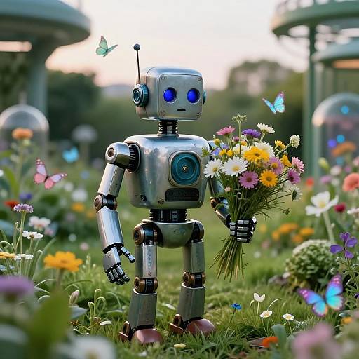 Photograph of a silver robot with blue eyes holding a colorful flower bouquet in a vibrant, butterfly-filled garden.