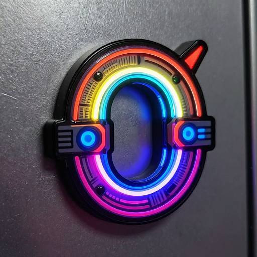Photograph of a neon-lit, black, circular LED sign with multicolored lights (red, yellow, blue, pink) and blue buttons