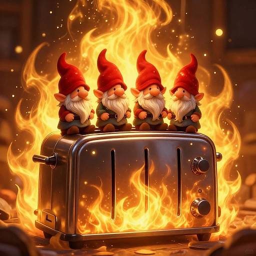 Digital artwork of three gnomes with red hats and beards, sitting on a metal toaster engulfed in bright orange flames.