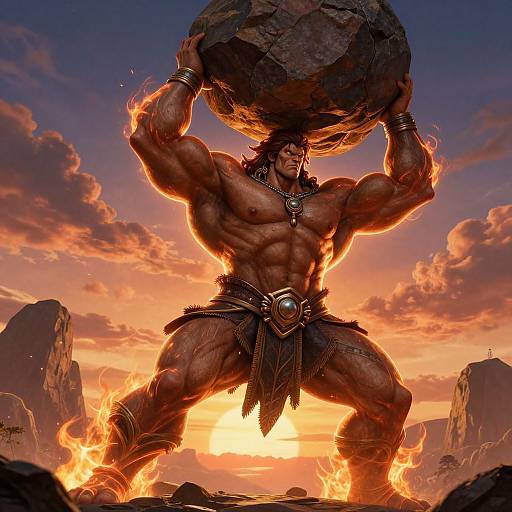 Muscular, topless warrior with dark skin, tribal loincloth, and necklace lifts massive rock in fiery sunset, rocky landscape background. Digital art