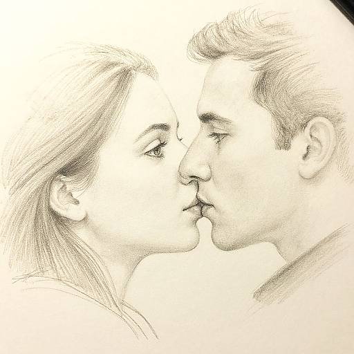 Monochromatic pencil drawing of a couple kissing, facing each other closely, with detailed facial features and minimal background. Intimate and tender.
