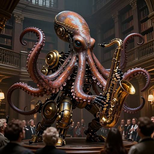 Photorealistic CGI of a shiny, metallic octopus playing a golden saxophone in a grand, dimly lit library with an audience.