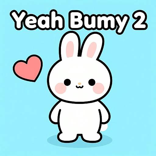 Cute digital drawing of a white cartoon bunny with pink cheeks, black eyes, and a small smile, standing on light blue background. Above, 