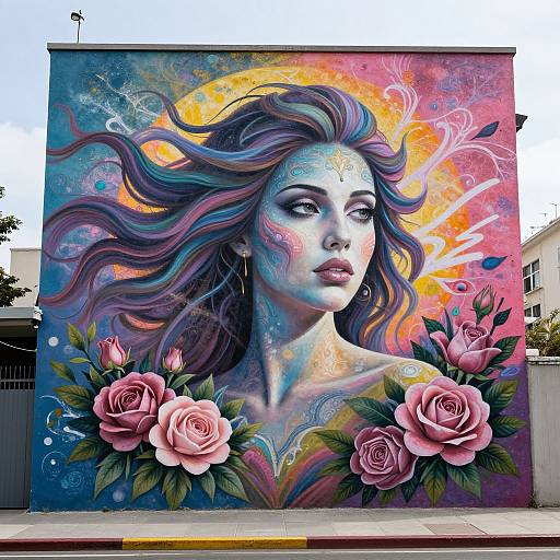 Vibrant street mural of a blue-skinned woman with flowing purple hair, surrounded by pink roses, against a colorful, abstract background.