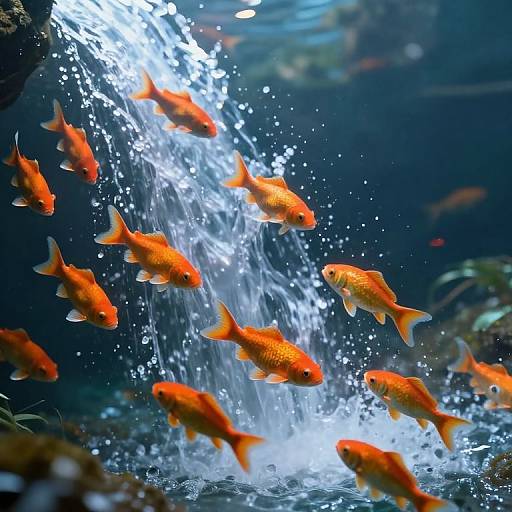 Surreal Uphill Waterfall with Orange Fish