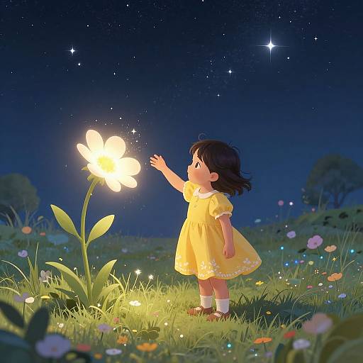 Digital illustration of a young girl in a yellow dress, reaching up to a glowing white butterfly under a starry night sky.