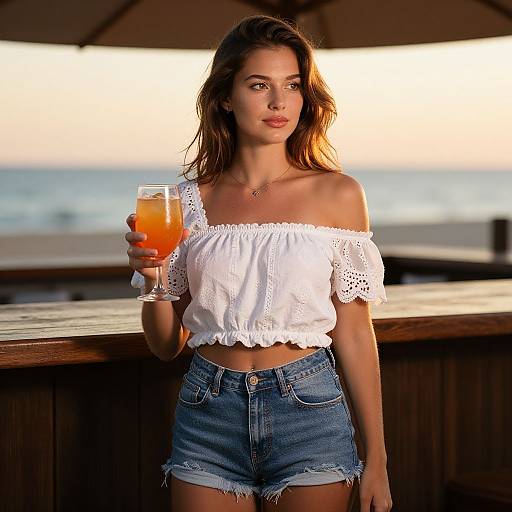 Photograph of a young woman with light brown hair, wearing a white off-shoulder lace top and denim shorts, holding an orange cocktail, standing
