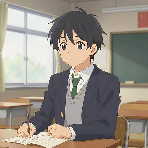 Anime Boy in Sunlit Classroom