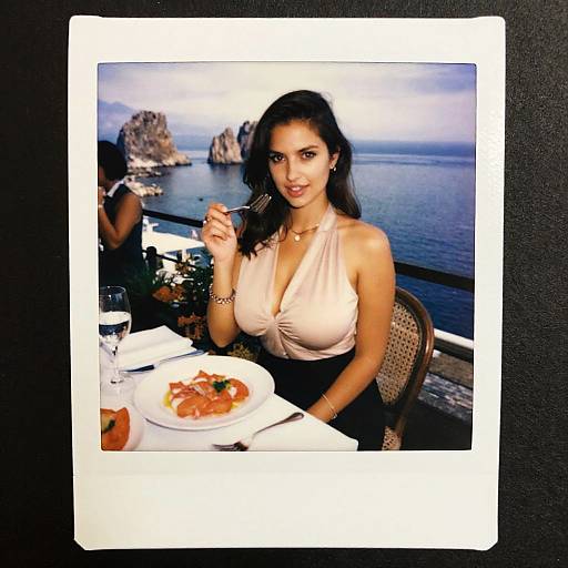 Photograph of a smiling, dark-haired woman with medium skin tone, wearing a white, deep-neck top, seated at a seaside restaurant table, holding