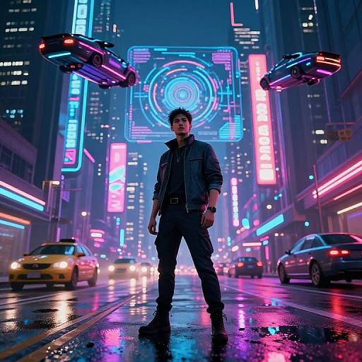 Cyberpunk cityscape: Asian man in dark jacket and pants stands confidently on wet street, glowing neon lights, hovering cars, futuristic skyscrapers