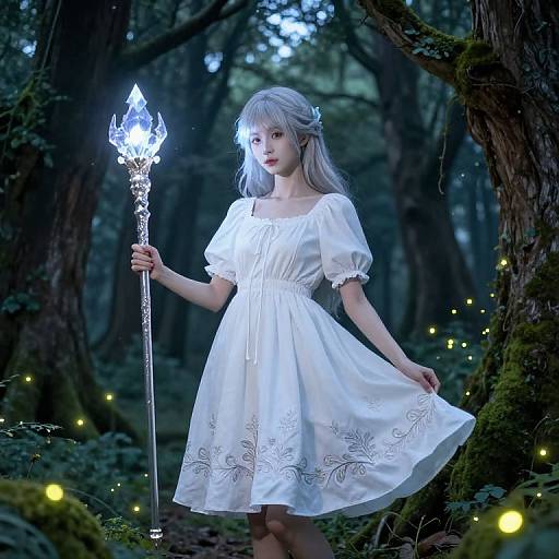 Photograph of a silver-haired woman in a white, floral-embroidered dress, holding a glowing staff, standing in a mystical forest with glowing