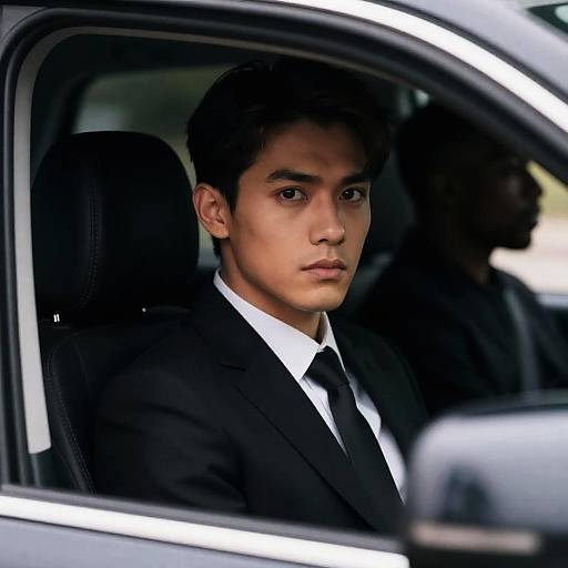 Young Man in Black Suit Sitting in Car