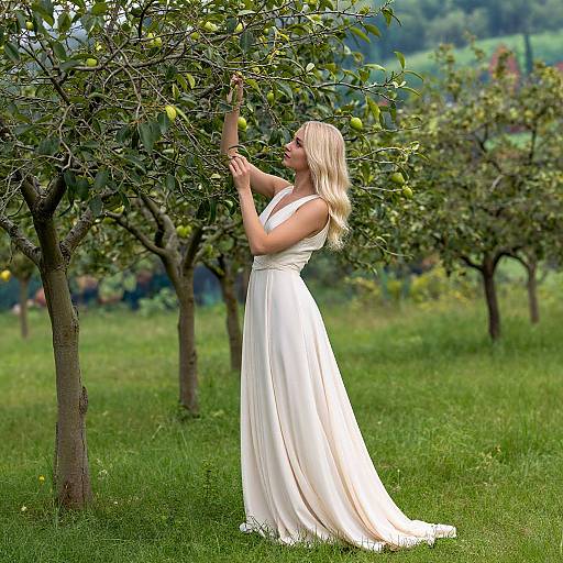 Blonde woman in white sleeveless gown reaches for apples in lush orchard, sunlight illuminating her and green foliage. Photorealistic CGI.