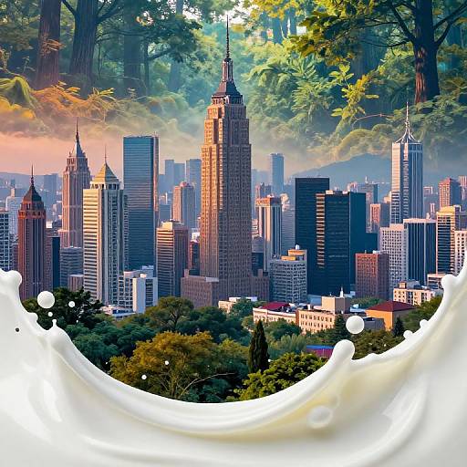 Photorealistic digital image of a city skyline with tall skyscrapers, surrounded by lush green trees, overlaid with a dynamic splash of white liquid
