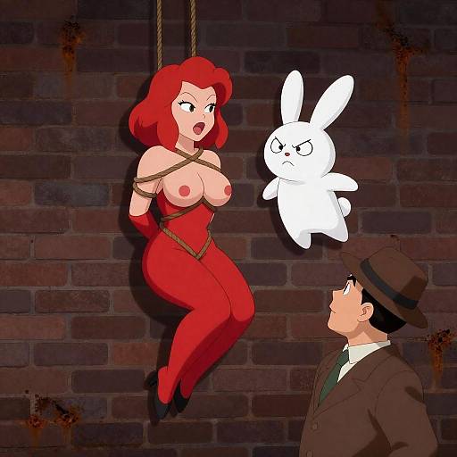 Bound Red-Haired Cartoon Woman with Angry Rabbit and Man in Suit