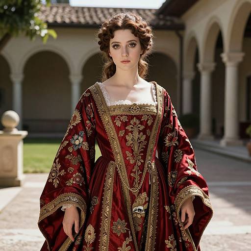 Photograph-style digital art of a pale-skinned, dark-haired woman in a rich red, gold-embroidered Renaissance gown, standing in a